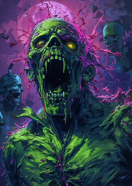Green Zombie Screaming with Pink Tendrils