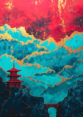 Teal Gold Red Pagoda Painting