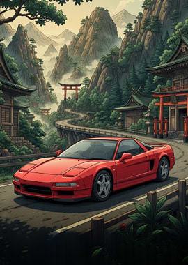 Red Sports Car in Japanese Mountains