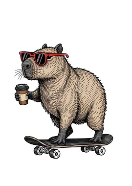 Capybara on Skateboard with Coffee