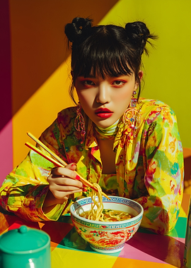 Woman eating ramen with chopsticks