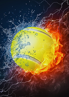 Tennis ball with fire and water
