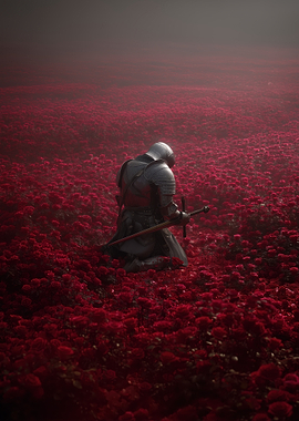 Knight Kneeling in a Field of Roses