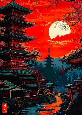 Japanese Pagoda at Sunset