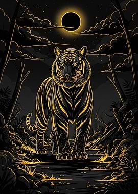 Golden Tiger in Moonlit Forest