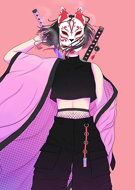Anime Girl with Kitsune Mask and Swords
