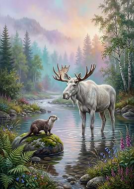 Moose and Otter in a Forest Stream