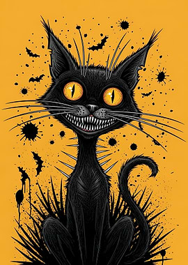 Spooky Black Cat with Bats