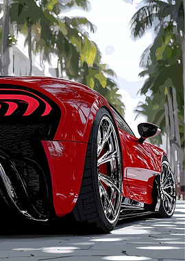 Red BMW Car on Palm Tree Lined Street