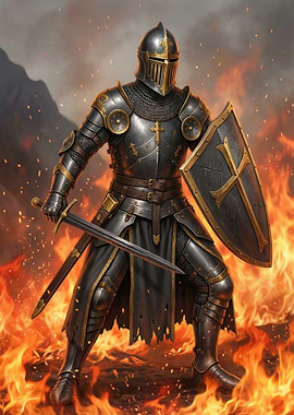 Knight in Armor Amidst Flames with Sword