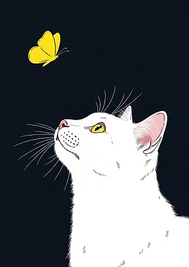 White cat looking at a yellow butterfly