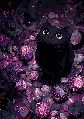 Black Cat with Dice and Crystals