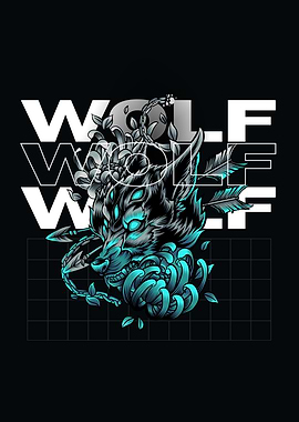 Stylized Wolf with Flowers and Text