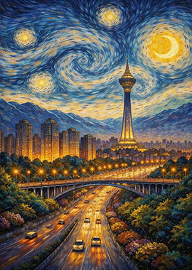 Cityscape at Night with Starry Sky