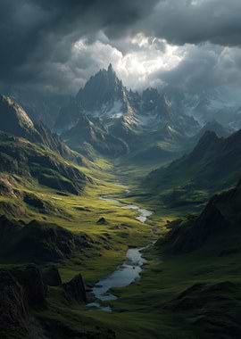 Dramatic Mountain Valley with River