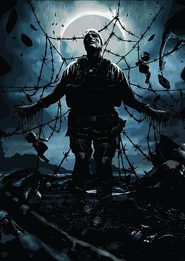 Soldier in Barbed Wire with Dolls