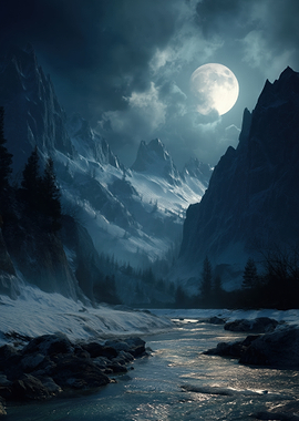 Moonlit Winter Mountain Landscape