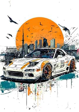 White Sports Car with Cityscape and Sunset