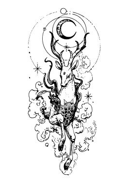 Mystical Deer with Moon and Clouds