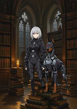 Girl and Robot Dog in Library