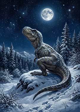 Tyrannosaurus Rex in Snowy Night Landscape