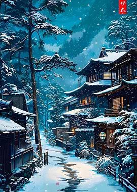 Snowy Japanese Village at Night