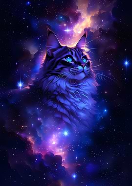 Cosmic Cat in Nebula and Galaxy Fantasy