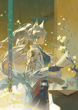 Kitsune character reading a scroll