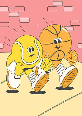 Tennis ball and basketball characters walking