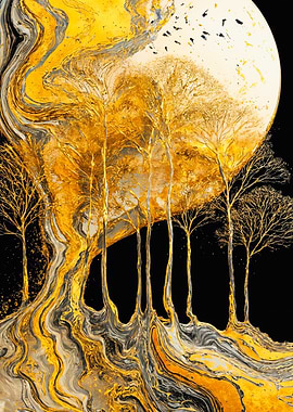 Golden Abstract Forest Moon Art