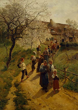 Children walking on a path in spring