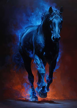 Black Horse with Blue Flames