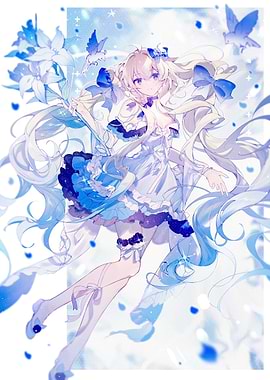 Girl with Blue Flowers and Birds