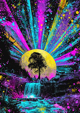 Vibrant Neon Tree Waterfall Landscape