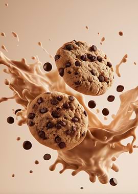 Chocolate Chip Cookies Splashing in Milk