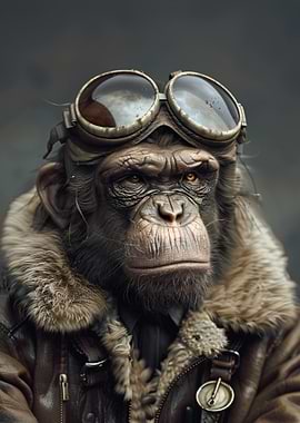 Chimpanzee Pilot in Vintage Aviator Gear