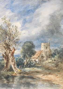Watercolor Landscape of a Church and Tree