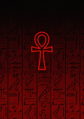 Red Neon Ankh on Hieroglyphic Background