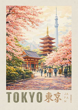 Tokyo Cherry Blossoms and Pagoda