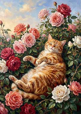 Cat Sleeping Among Roses