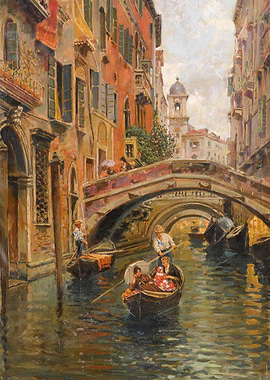 Venetian Canal Scene with Gondolas and Bridge