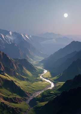 Majestic Mountain Valley Under Moonlight