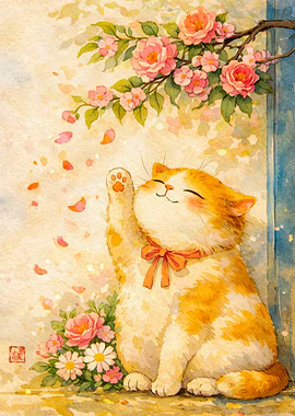 Cute Cat with Flowers