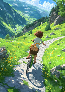 Girl biking with cat in a scenic landscape