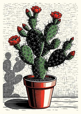 Prickly Pear Cactus with Red Flowers