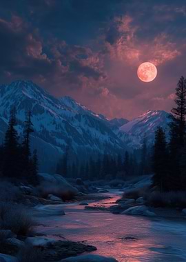 Crimson Moon Over Snowy Mountains
