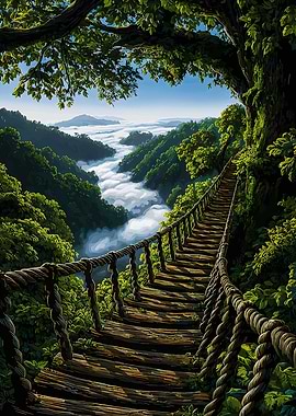 Enchanted Rope Bridge Over Misty Valley
