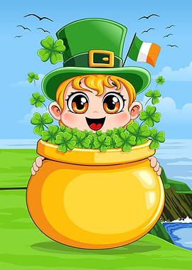 Cute Leprechaun in Pot of Gold