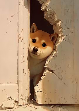 Shiba Inu peeking through broken door