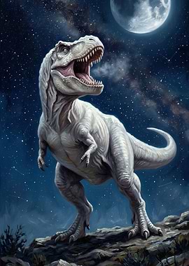 White Tyrannosaurus Rex Roaring at Moon